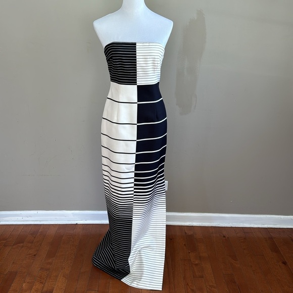 David Meister Black and White Graduating Stripe Silk Strapless Maxi Dress Size 4 - Picture 3 of 10